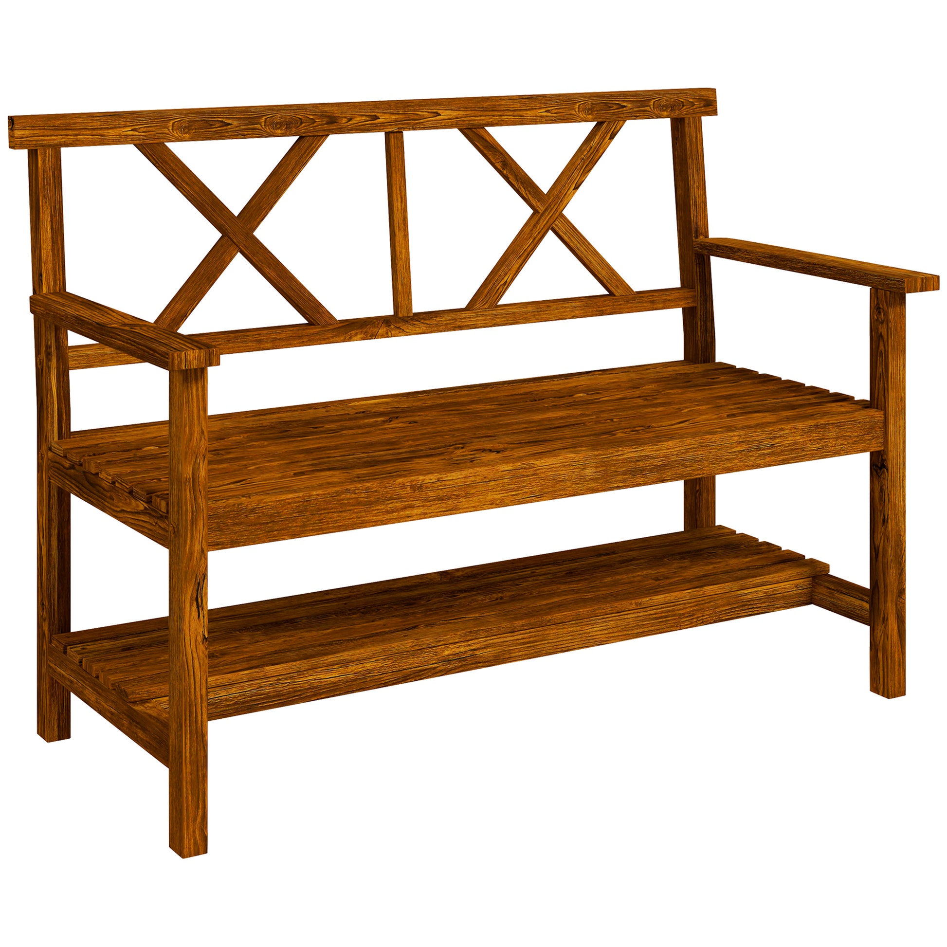 2-Seater Wooden Garden Bench with Shelf, Outdoor Bench with Armrests and Slat Seat, 125x58x88cm, Wood