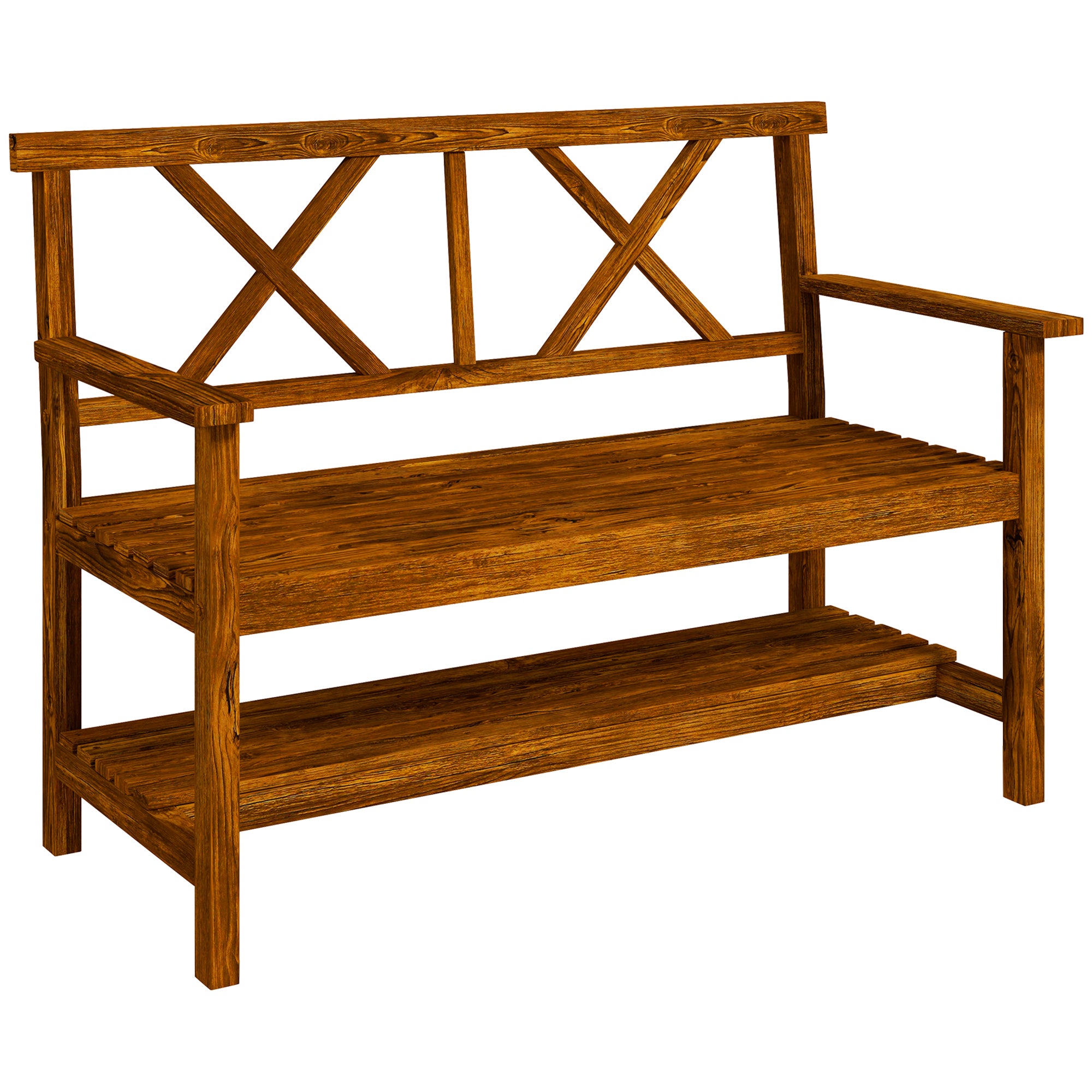 2-Seater Wooden Garden Bench with Shelf, Outdoor Bench with Armrests and Slat Seat, 125x58x88cm, Wood