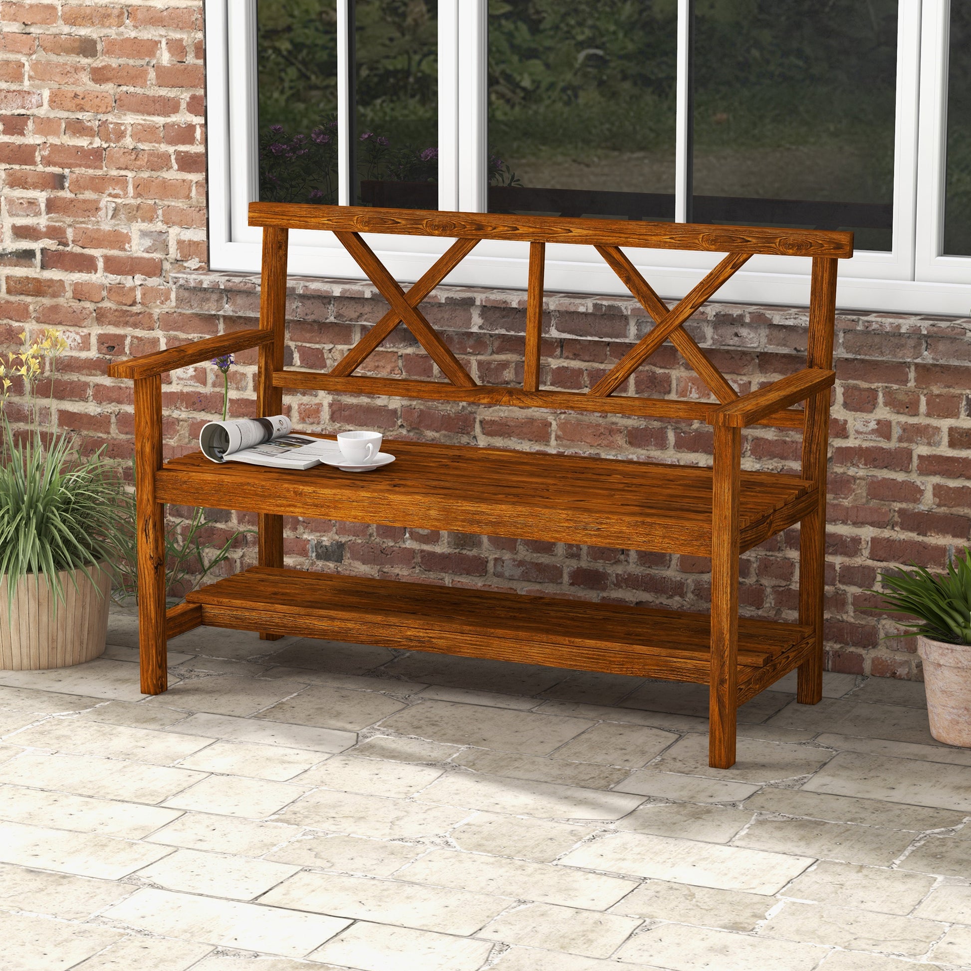 2-Seater Wooden Garden Bench with Shelf, Outdoor Bench with Armrests and Slat Seat, 125x58x88cm, Wood