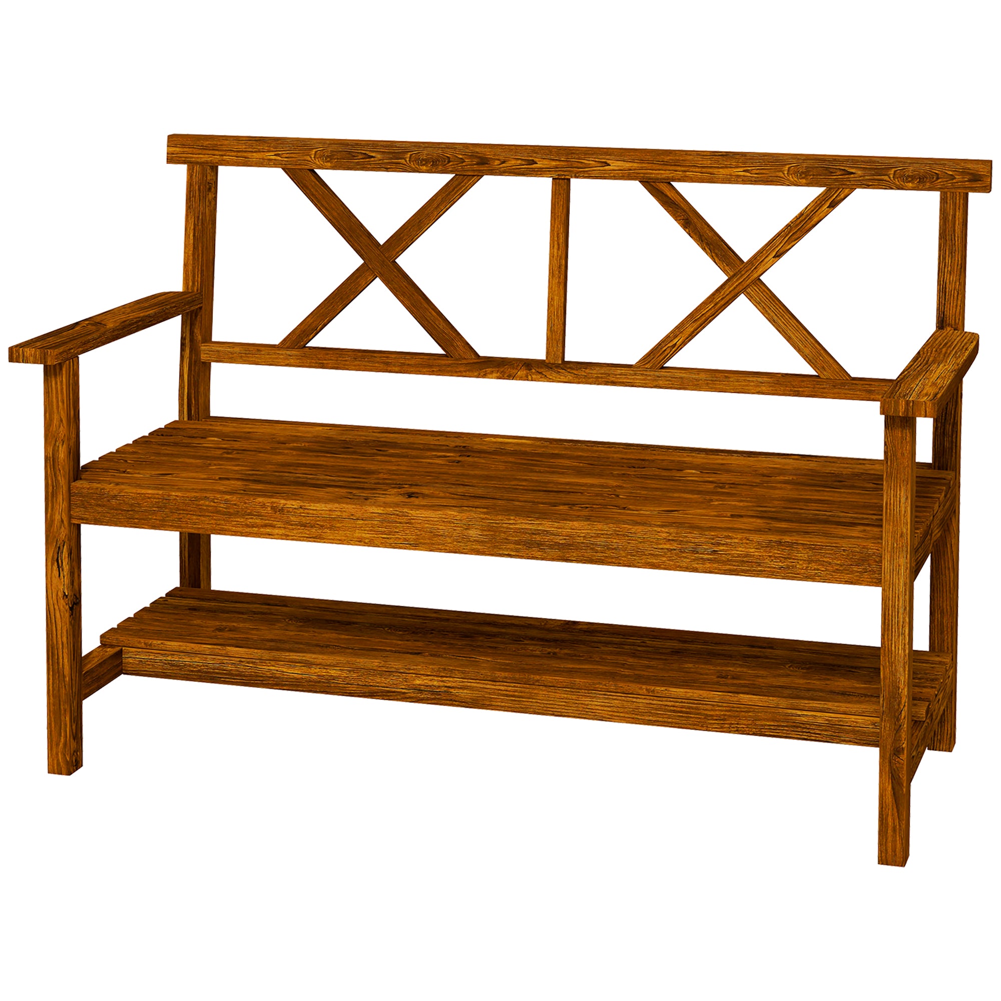 2-Seater Wooden Garden Bench with Shelf, Outdoor Bench with Armrests and Slat Seat, 125x58x88cm, Wood