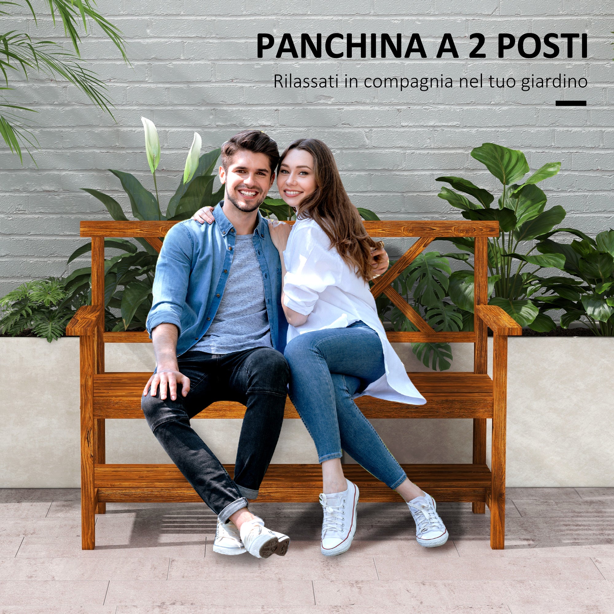 2-Seater Wooden Garden Bench with Shelf, Outdoor Bench with Armrests and Slat Seat, 125x58x88cm, Wood