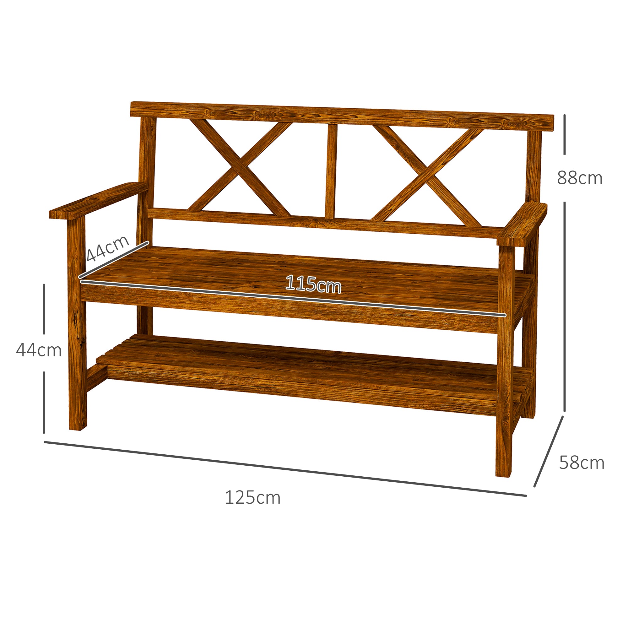 2-Seater Wooden Garden Bench with Shelf, Outdoor Bench with Armrests and Slat Seat, 125x58x88cm, Wood