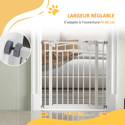 Expandable Dog Safety Gate 74-80 cm, double locking, auto-close, pressure mount stair gate, height 76 cm, white