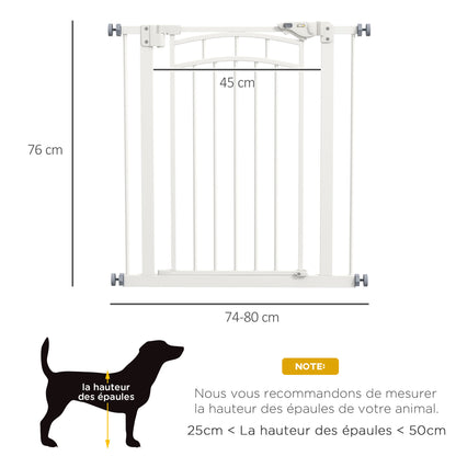 Expandable Dog Safety Gate 74-80 cm, double locking, auto-close, pressure mount stair gate, height 76 cm, white