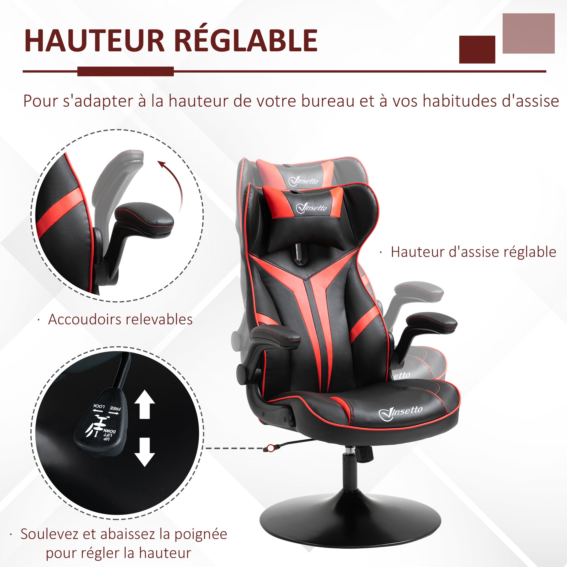 Gaming Chair Gaming Swivel Chair 360° Ergonomic Height Adjustable Flip-Up Armrests Headrest Cushion Included Faux Leather Upholstery 67 x 70 x 106-112 cm Red and Black