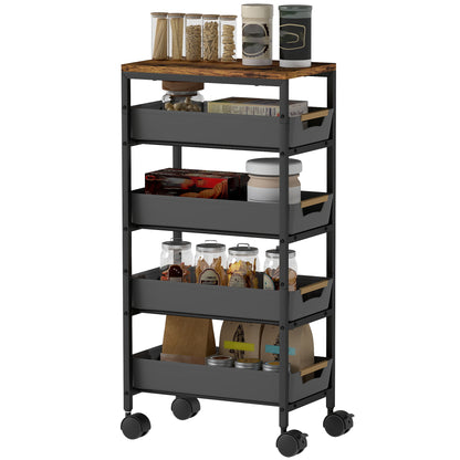 5-Level Kitchen Storage Cart Utility Cart with Wheels Wood-Effect Board and 4 Removable Drawers Kitchen Cart for Dining Room Living Room 39.5x24x82 cm Black