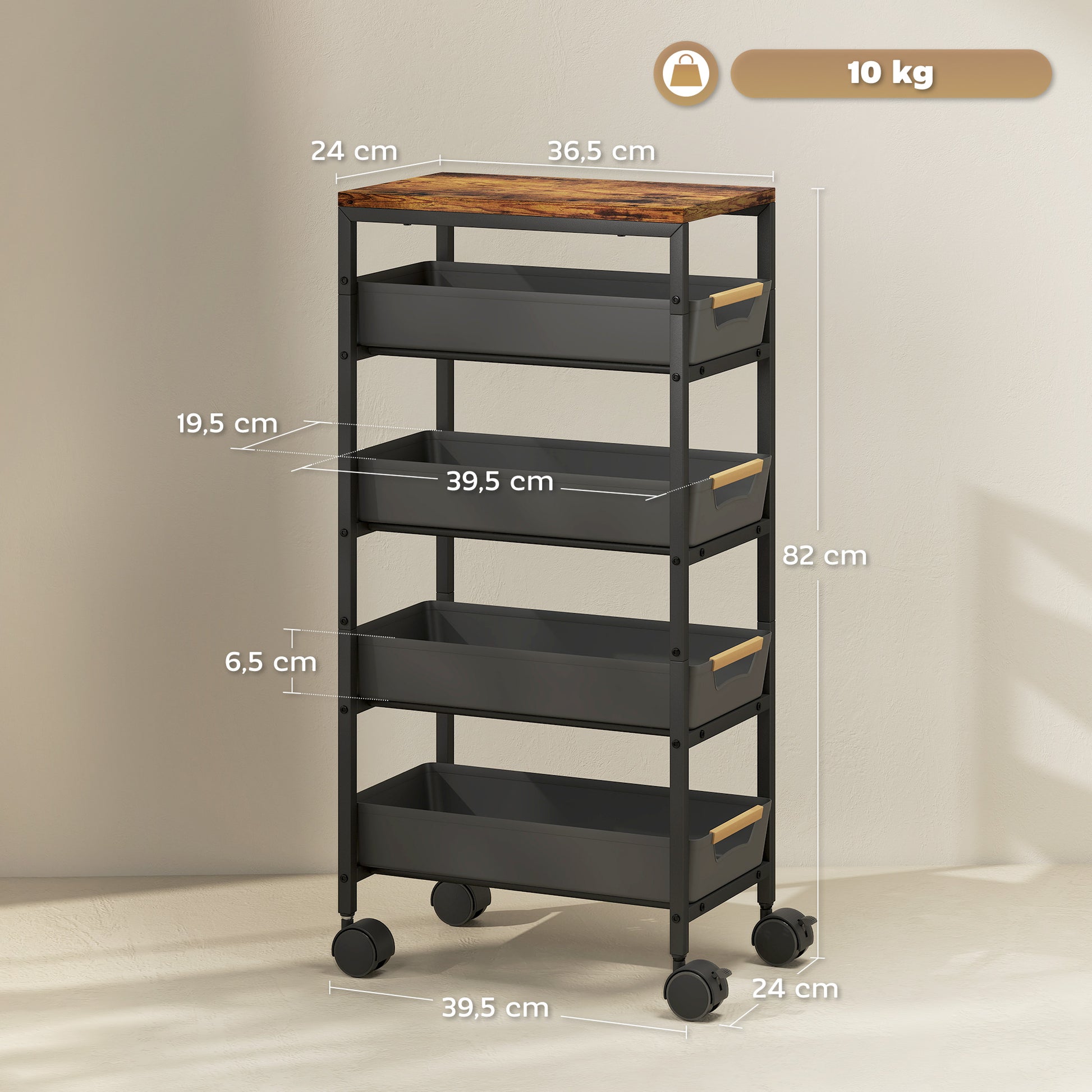 5-Level Kitchen Storage Cart Utility Cart with Wheels Wood-Effect Board and 4 Removable Drawers Kitchen Cart for Dining Room Living Room 39.5x24x82 cm Black