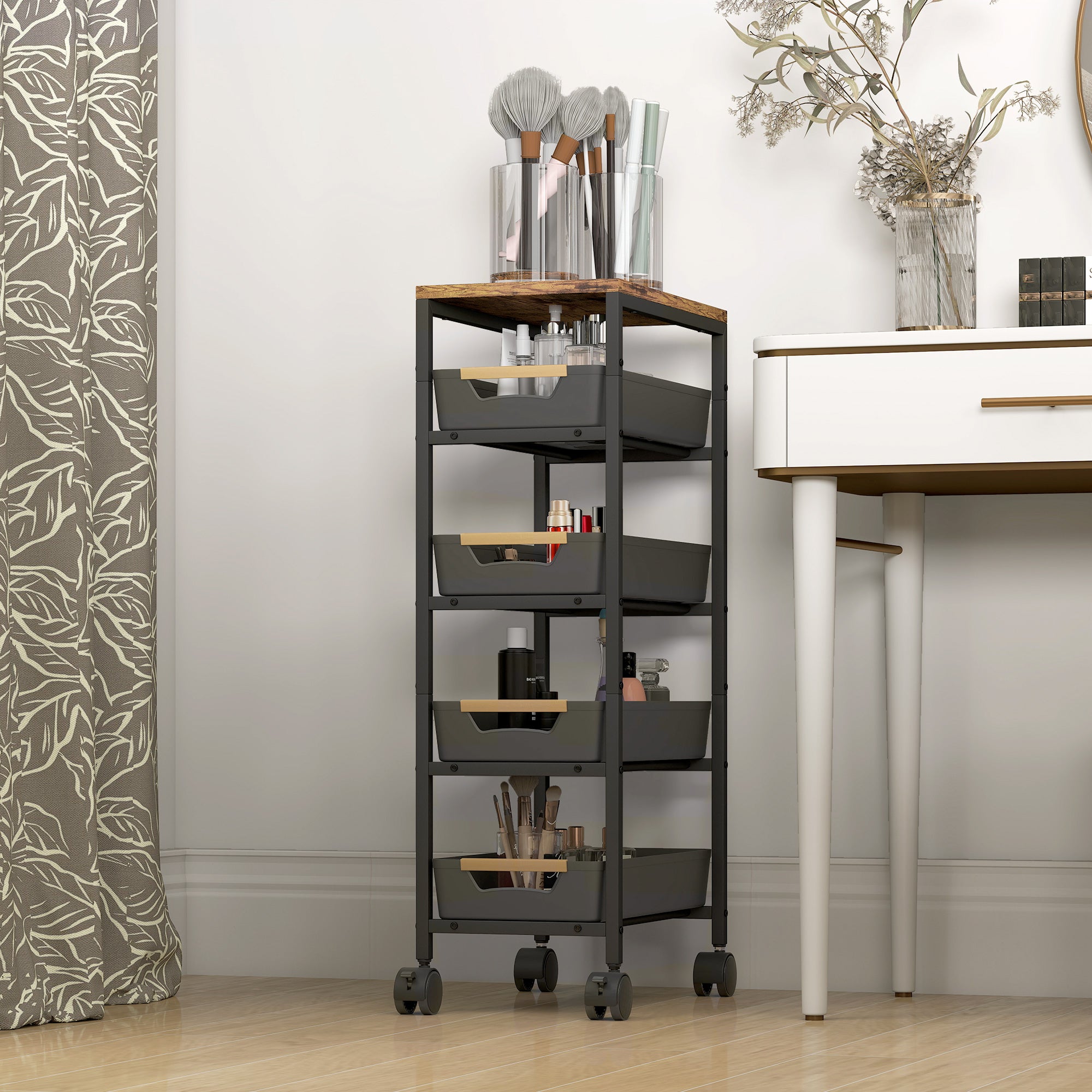 5-Level Kitchen Storage Cart Utility Cart with Wheels Wood-Effect Board and 4 Removable Drawers Kitchen Cart for Dining Room Living Room 39.5x24x82 cm Black