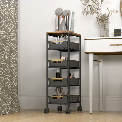 5-Level Kitchen Storage Cart Utility Cart with Wheels Wood-Effect Board and 4 Removable Drawers Kitchen Cart for Dining Room Living Room 39.5x24x82 cm Black