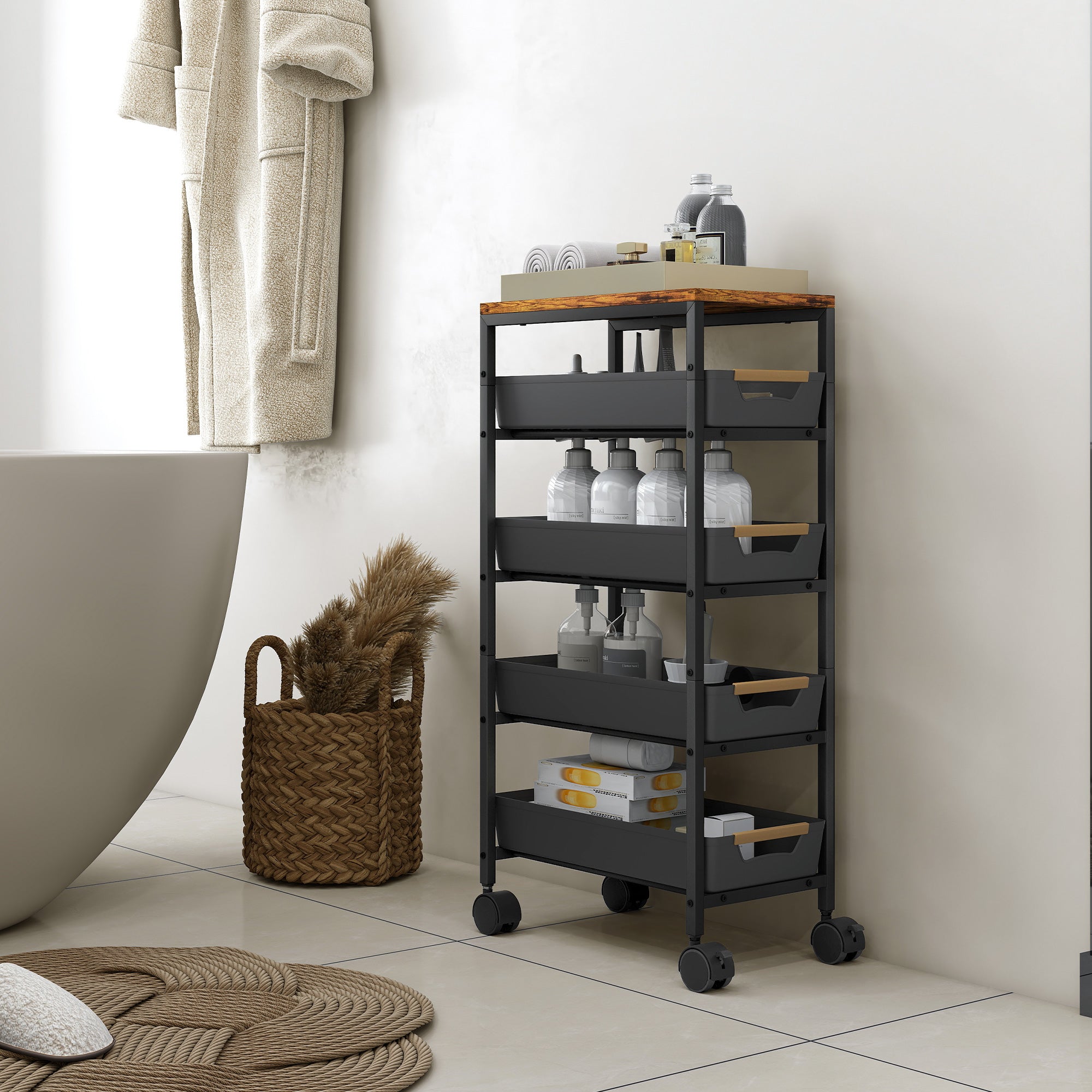 5-Level Kitchen Storage Cart Utility Cart with Wheels Wood-Effect Board and 4 Removable Drawers Kitchen Cart for Dining Room Living Room 39.5x24x82 cm Black