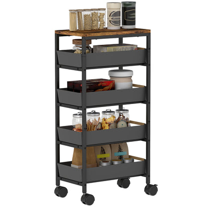 5-Level Kitchen Storage Cart Utility Cart with Wheels Wood-Effect Board and 4 Removable Drawers Kitchen Cart for Dining Room Living Room 39.5x24x82 cm Black