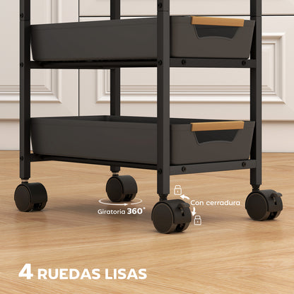 5-Level Kitchen Storage Cart Utility Cart with Wheels Wood-Effect Board and 4 Removable Drawers Kitchen Cart for Dining Room Living Room 39.5x24x82 cm Black