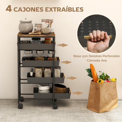 5-Level Kitchen Storage Cart Utility Cart with Wheels Wood-Effect Board and 4 Removable Drawers Kitchen Cart for Dining Room Living Room 39.5x24x82 cm Black