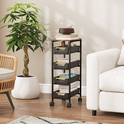 5-Level Kitchen Storage Cart Utility Cart with Wheels Wood-Effect Board and 4 Removable Drawers Kitchen Cart for Dining Room Living Room 39.5x24x82 cm Black