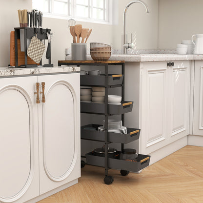 5-Level Kitchen Storage Cart Utility Cart with Wheels Wood-Effect Board and 4 Removable Drawers Kitchen Cart for Dining Room Living Room 39.5x24x82 cm Black