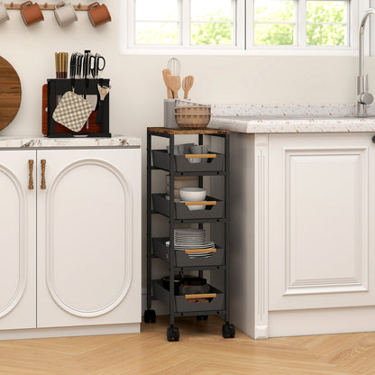5-Level Kitchen Storage Cart Utility Cart with Wheels Wood-Effect Board and 4 Removable Drawers Kitchen Cart for Dining Room Living Room 39.5x24x82 cm Black