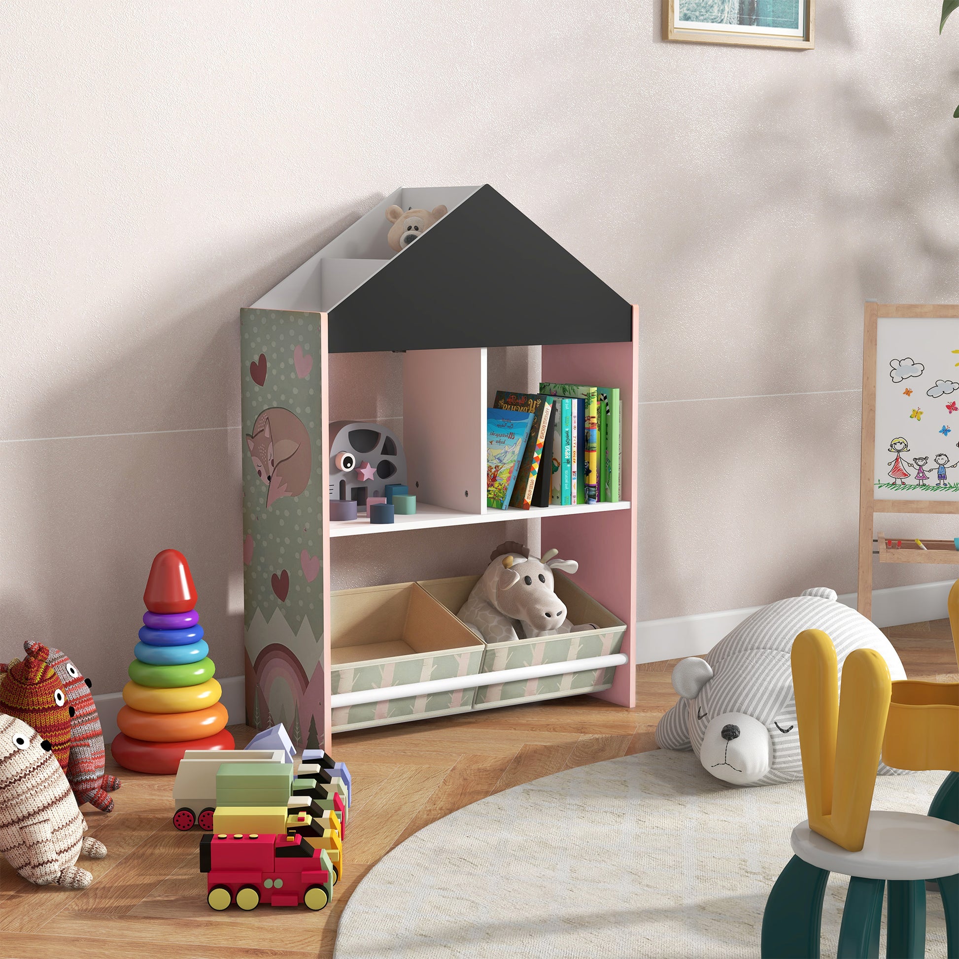 ZONEKIZ Toy Storage Shelf for Kids with Chalkboard, Children's Room Furniture with Removable Drawers and Shelves, Living Room and Nursery Decor, Pink