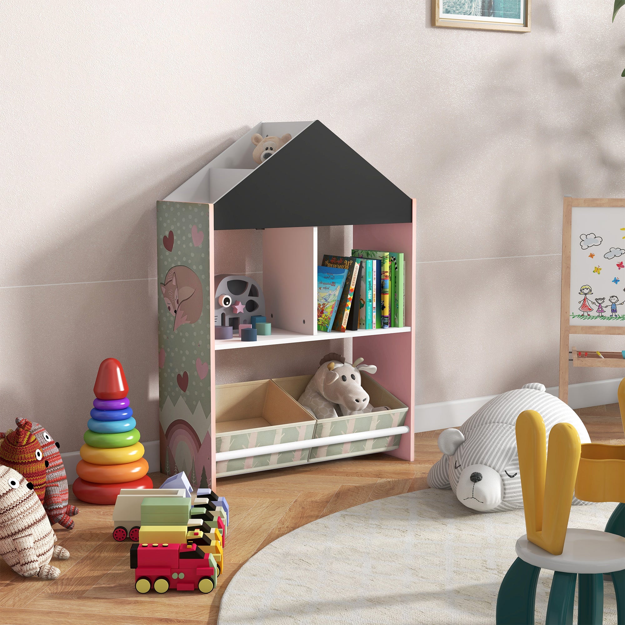 ZONEKIZ Toy Storage Shelf for Kids with Chalkboard, Children's Room Furniture with Removable Drawers and Shelves, Living Room and Nursery Decor, Pink