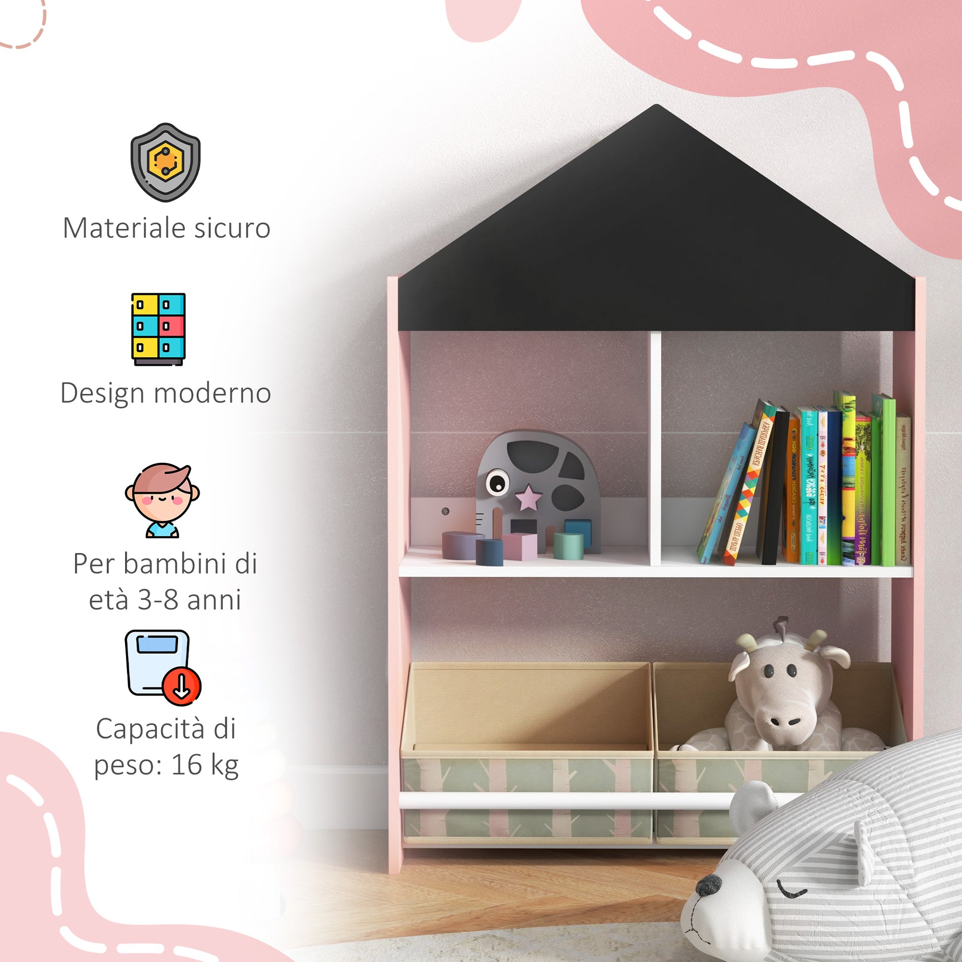 ZONEKIZ Toy Storage Shelf for Kids with Chalkboard, Children's Room Furniture with Removable Drawers and Shelves, Living Room and Nursery Decor, Pink