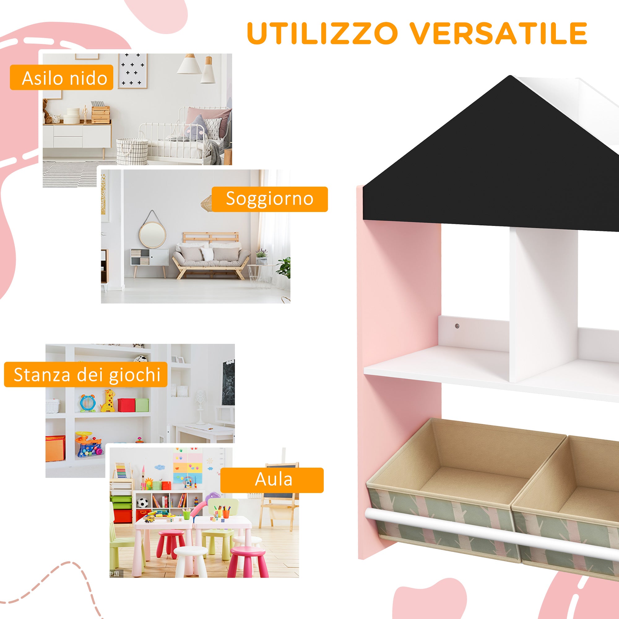 ZONEKIZ Toy Storage Shelf for Kids with Chalkboard, Children's Room Furniture with Removable Drawers and Shelves, Living Room and Nursery Decor, Pink