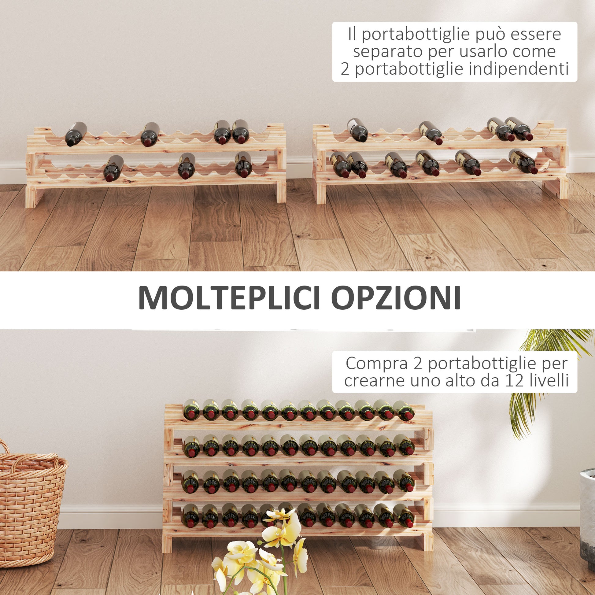 Fir Wood Wine Rack, Wine Cellar with 4 Shelves for 48 Bottles and Max Weight 60 kg, 114x28x56.5 cm, Natural Wood