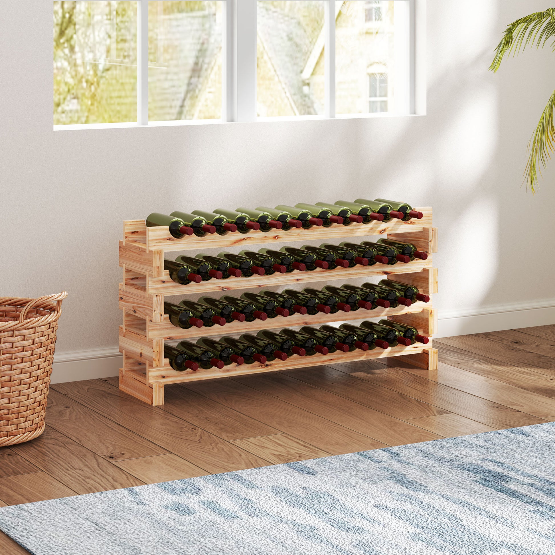 Fir Wood Wine Rack, Wine Cellar with 4 Shelves for 48 Bottles and Max Weight 60 kg, 114x28x56.5 cm, Natural Wood