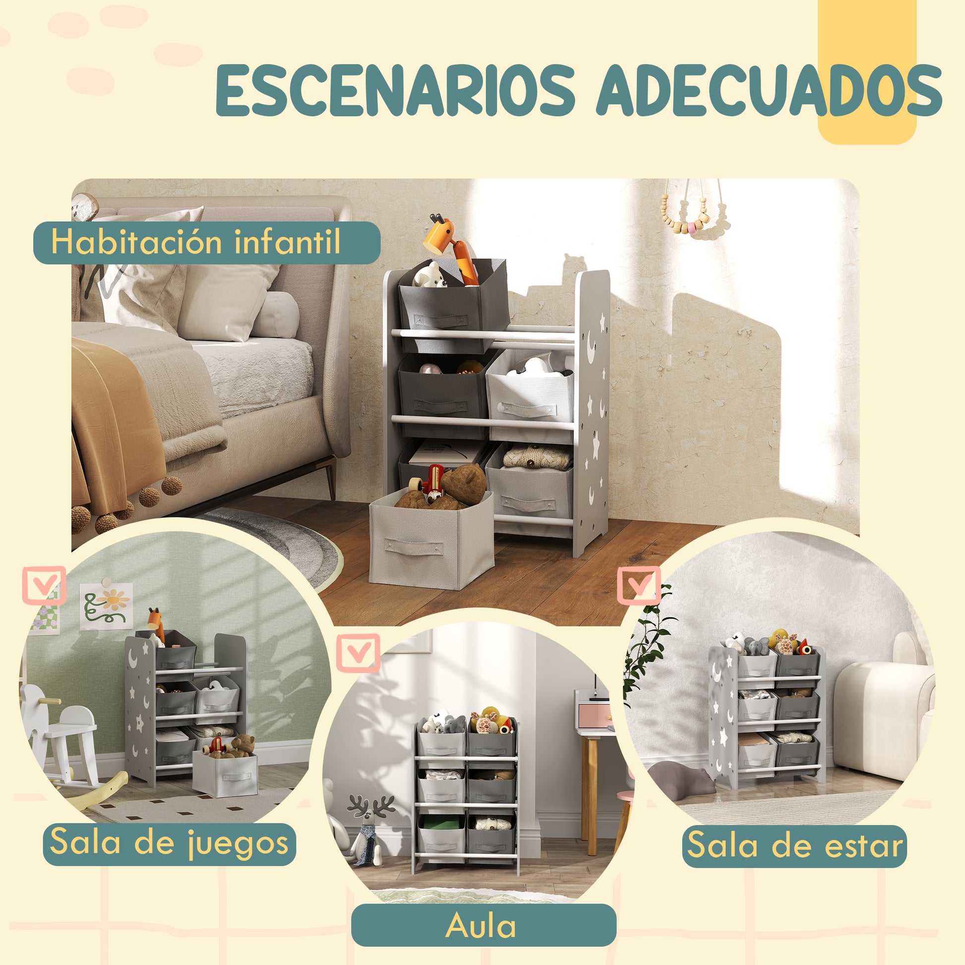 Kids' Bookshelf for Children 3+ Toy Shelf with 6 Removable Non-Woven Fabric Boxes Toy Organizer for Bedroom Nursery 43x30x60 cm Gray