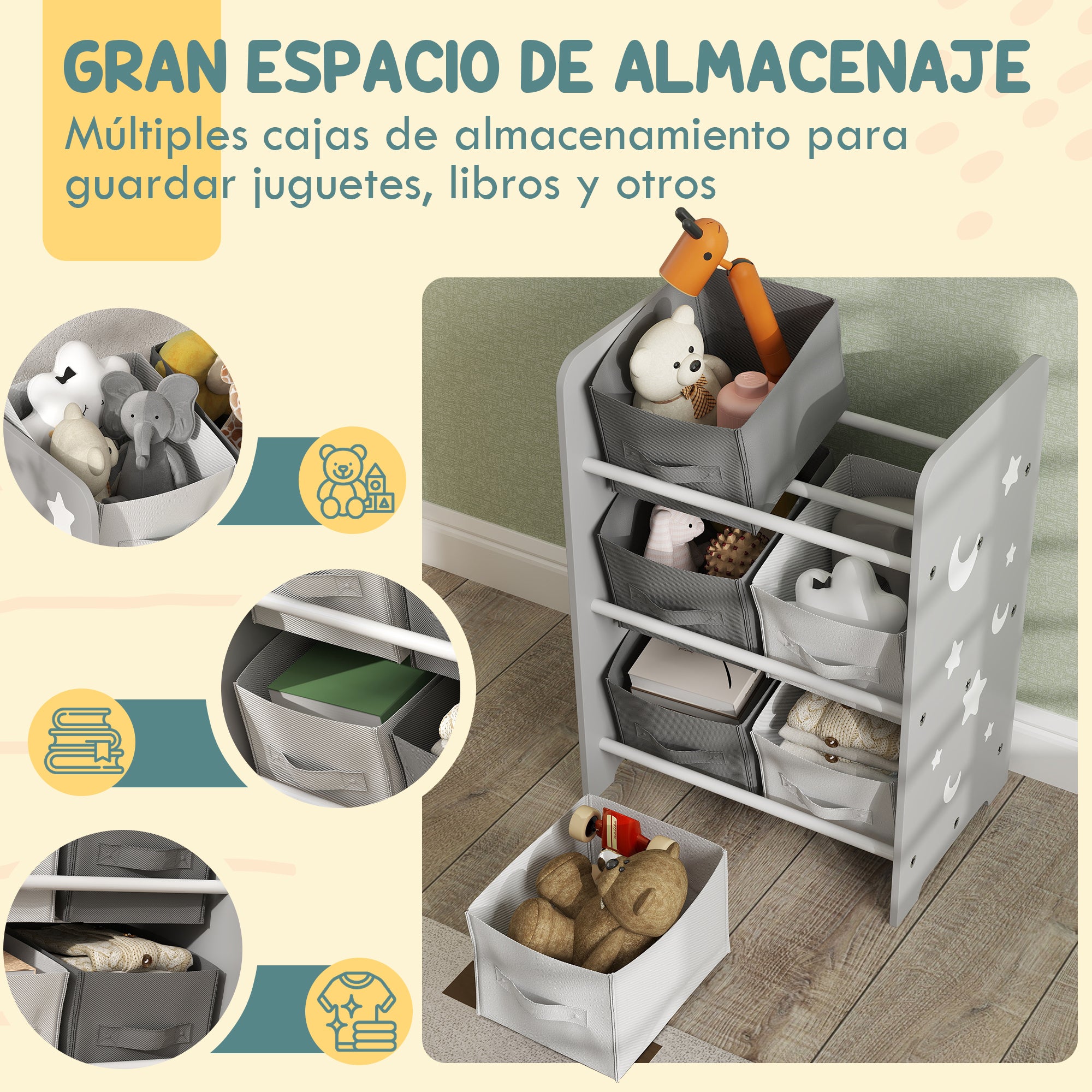Kids' Bookshelf for Children 3+ Toy Shelf with 6 Removable Non-Woven Fabric Boxes Toy Organizer for Bedroom Nursery 43x30x60 cm Gray
