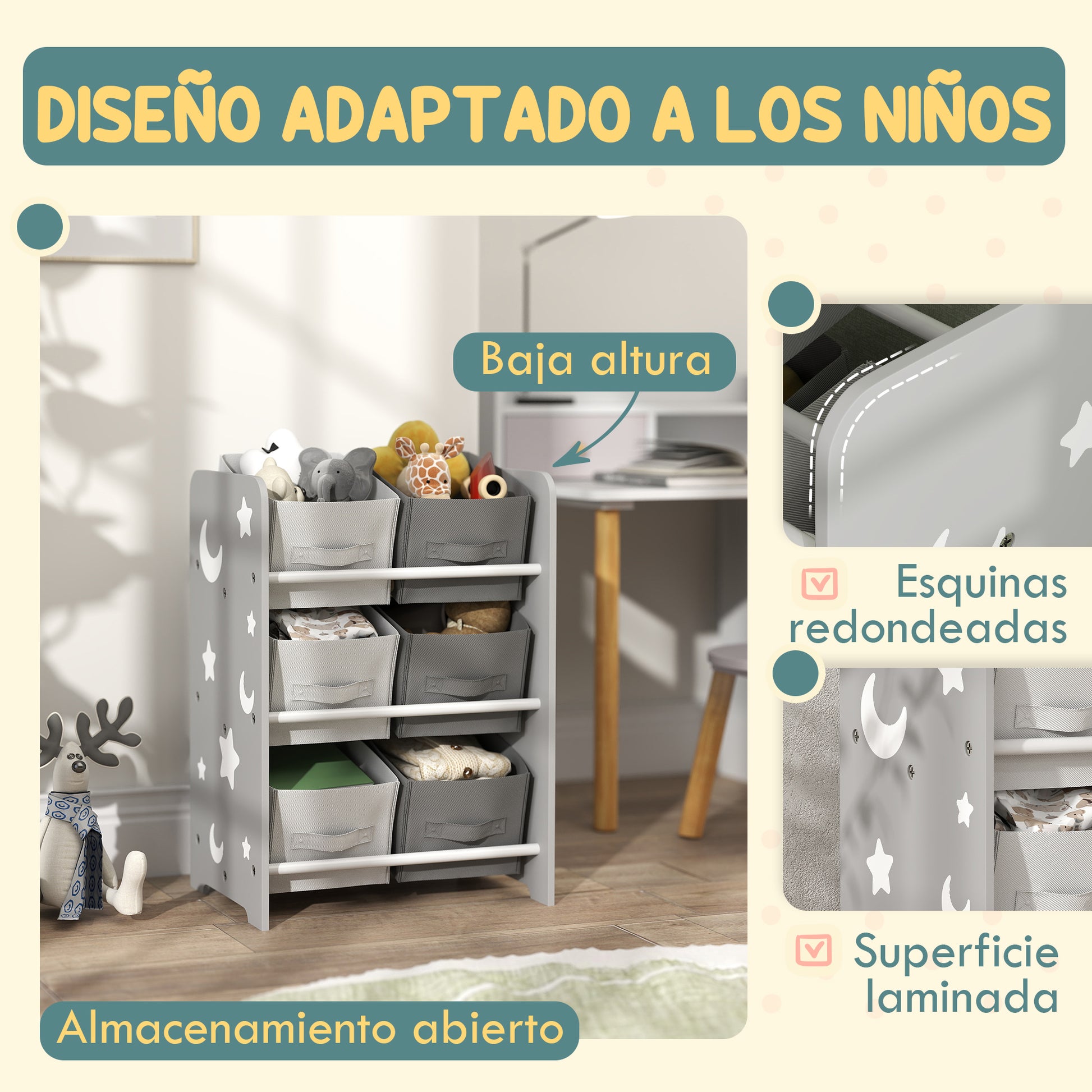 Kids' Bookshelf for Children 3+ Toy Shelf with 6 Removable Non-Woven Fabric Boxes Toy Organizer for Bedroom Nursery 43x30x60 cm Gray