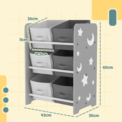 Kids' Bookshelf for Children 3+ Toy Shelf with 6 Removable Non-Woven Fabric Boxes Toy Organizer for Bedroom Nursery 43x30x60 cm Gray