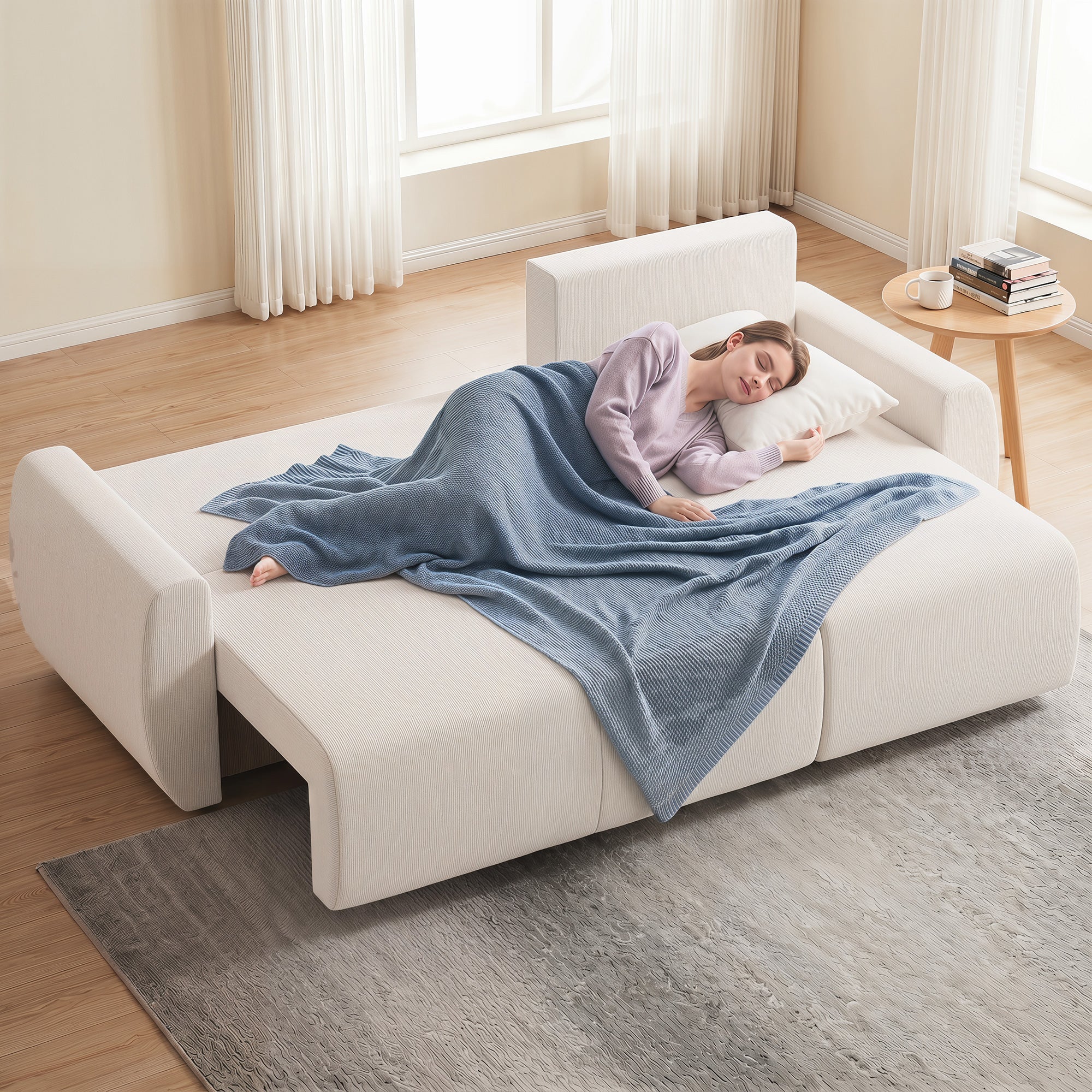 L-Shaped 3-Seater Sofa Bed with Reversible Chaise, Faux Suede, Storage, Cream