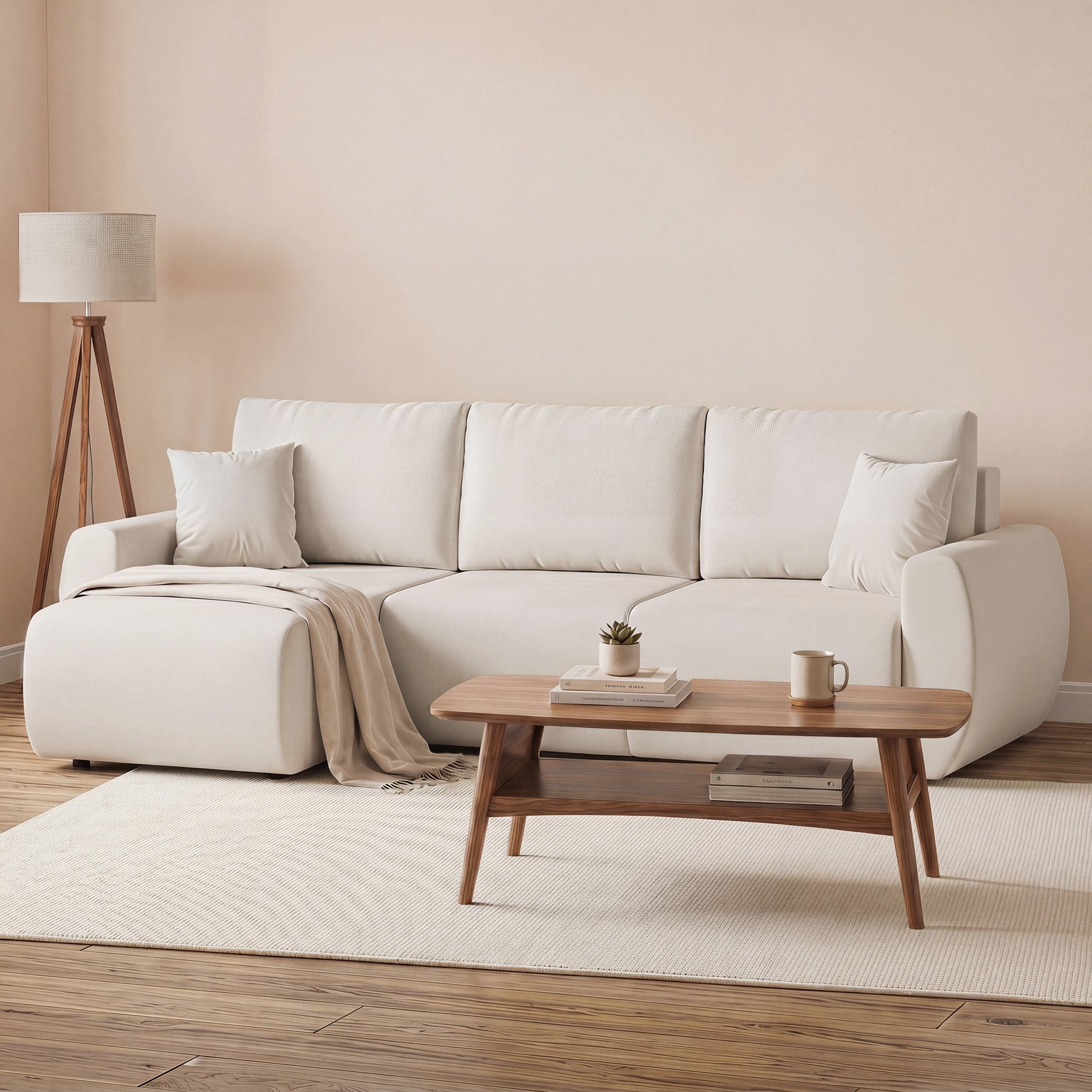 L-Shaped 3-Seater Sofa Bed with Reversible Chaise, Faux Suede, Storage, Cream