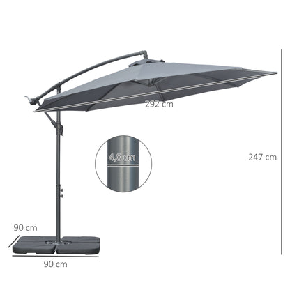 Cantilever Umbrella, Ø2.92m Patio Umbrella with Hand Crank, Weights, Umbrella Cover, Cross Base, Market Umbrella for Balcony, Steel, Oxford Dark Grey