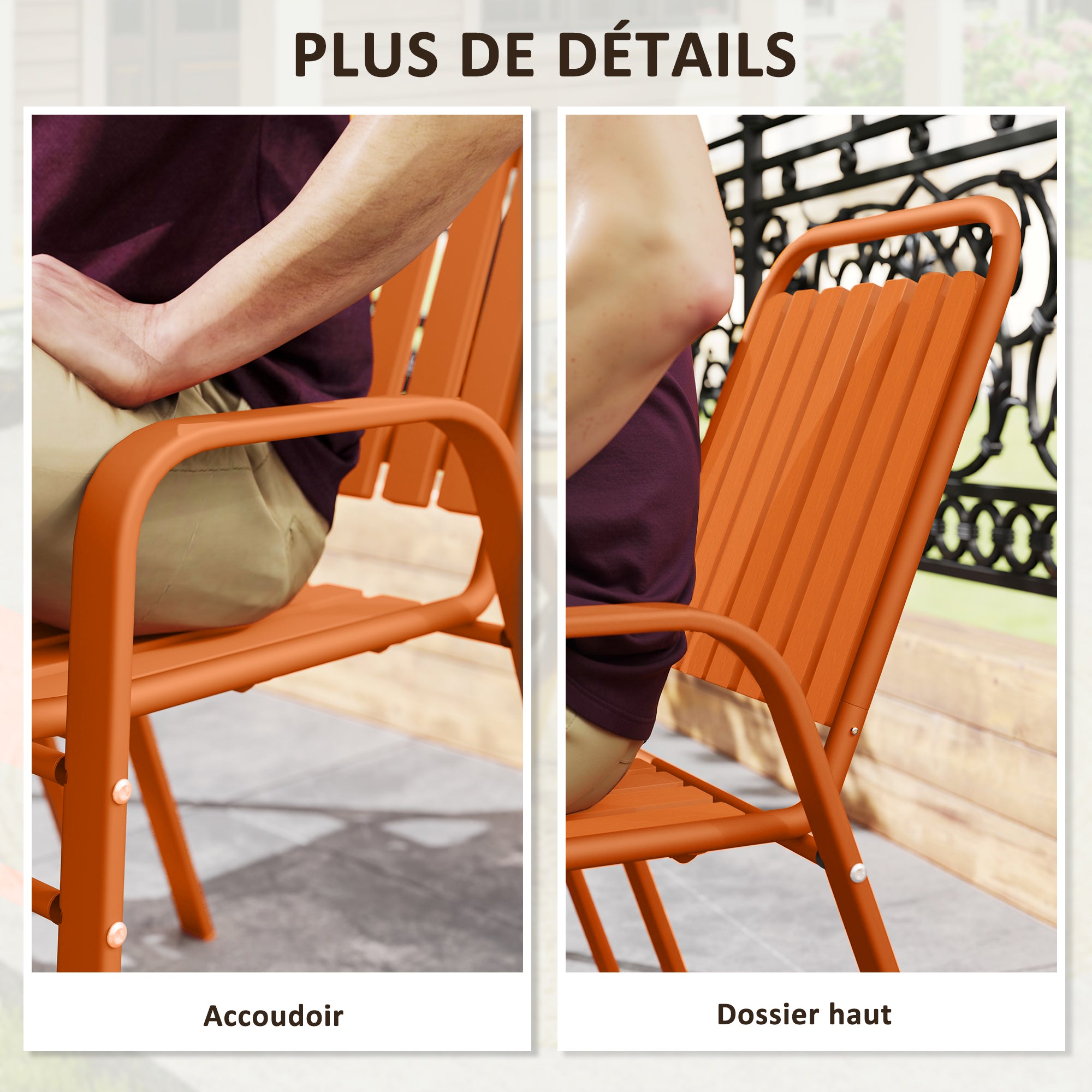 Set of 4 Outdoor Stackable Garden Chairs with High Back and Armrests, Steel Frame for Garden, Pool, Terrace, Orange