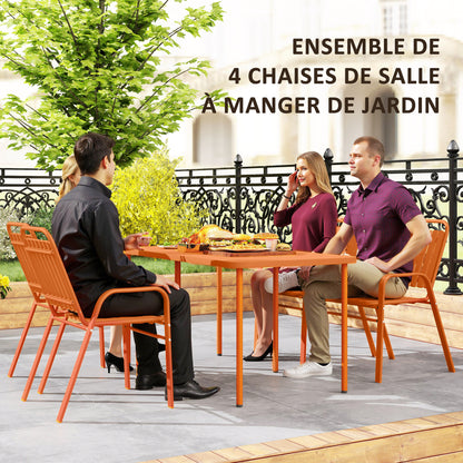 Set of 4 Outdoor Stackable Garden Chairs with High Back and Armrests, Steel Frame for Garden, Pool, Terrace, Orange