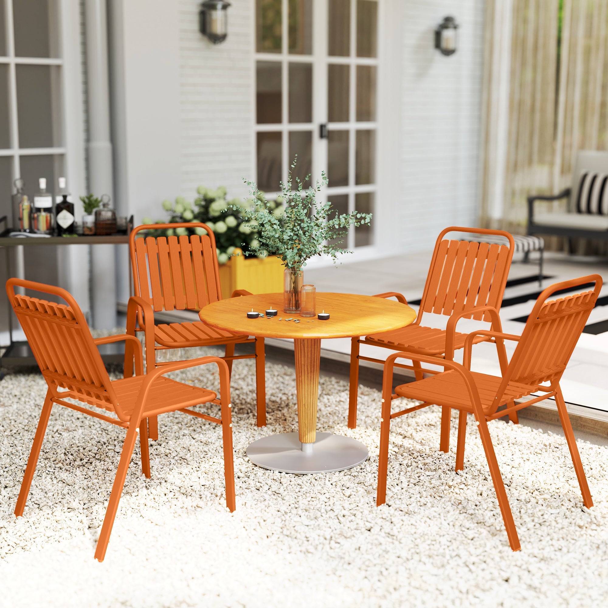 Set of 4 Outdoor Stackable Garden Chairs with High Back and Armrests, Steel Frame for Garden, Pool, Terrace, Orange