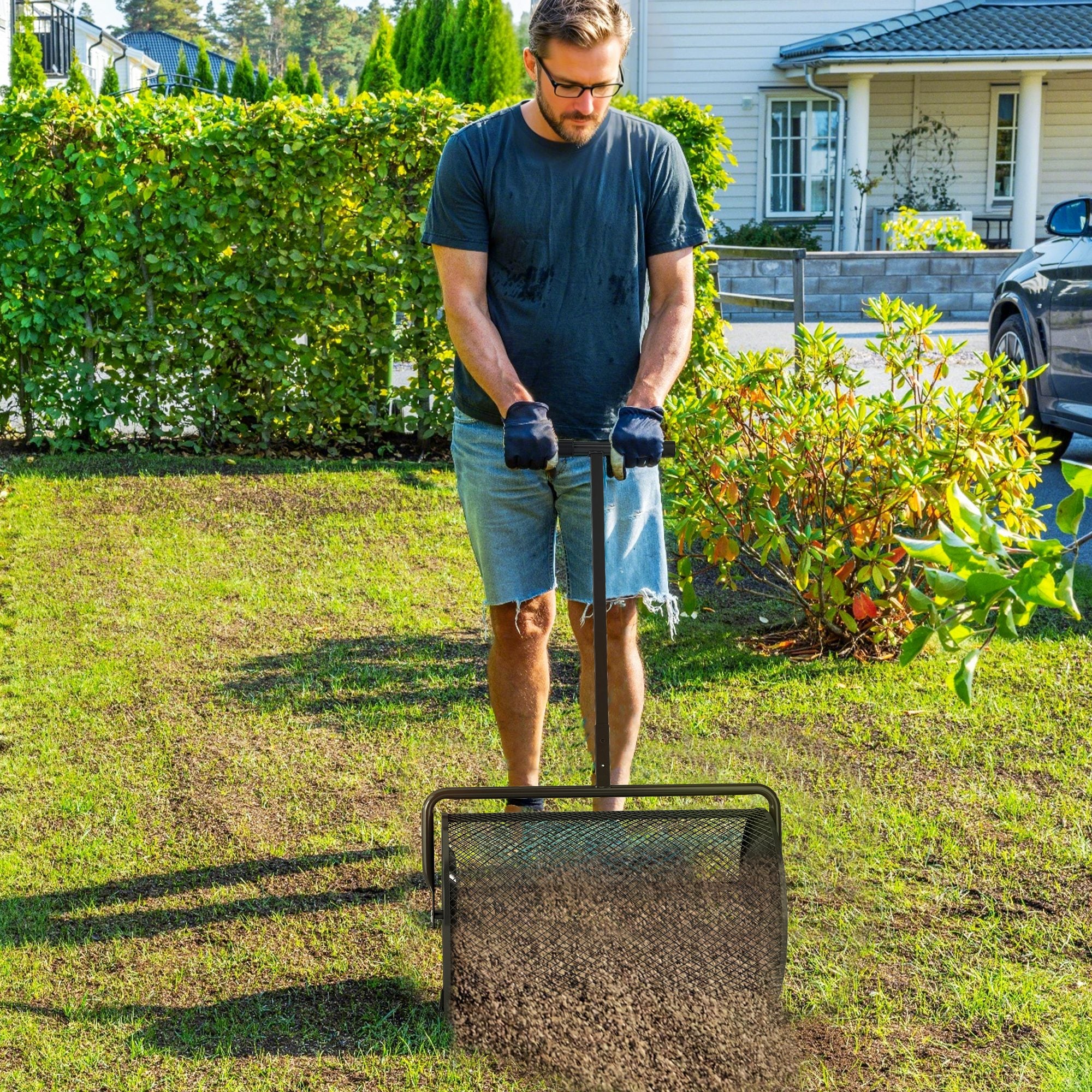 Compost Spreader 75L 61x40cm Fertilizer Spreader Lawn Garden Garden Spreader with T-Handle Mesh Basket Metal Seed Spreader Peat Moss Spreader Lawn Spreader Lawn Care for Compost, Manure Fertilizer Seed Black
