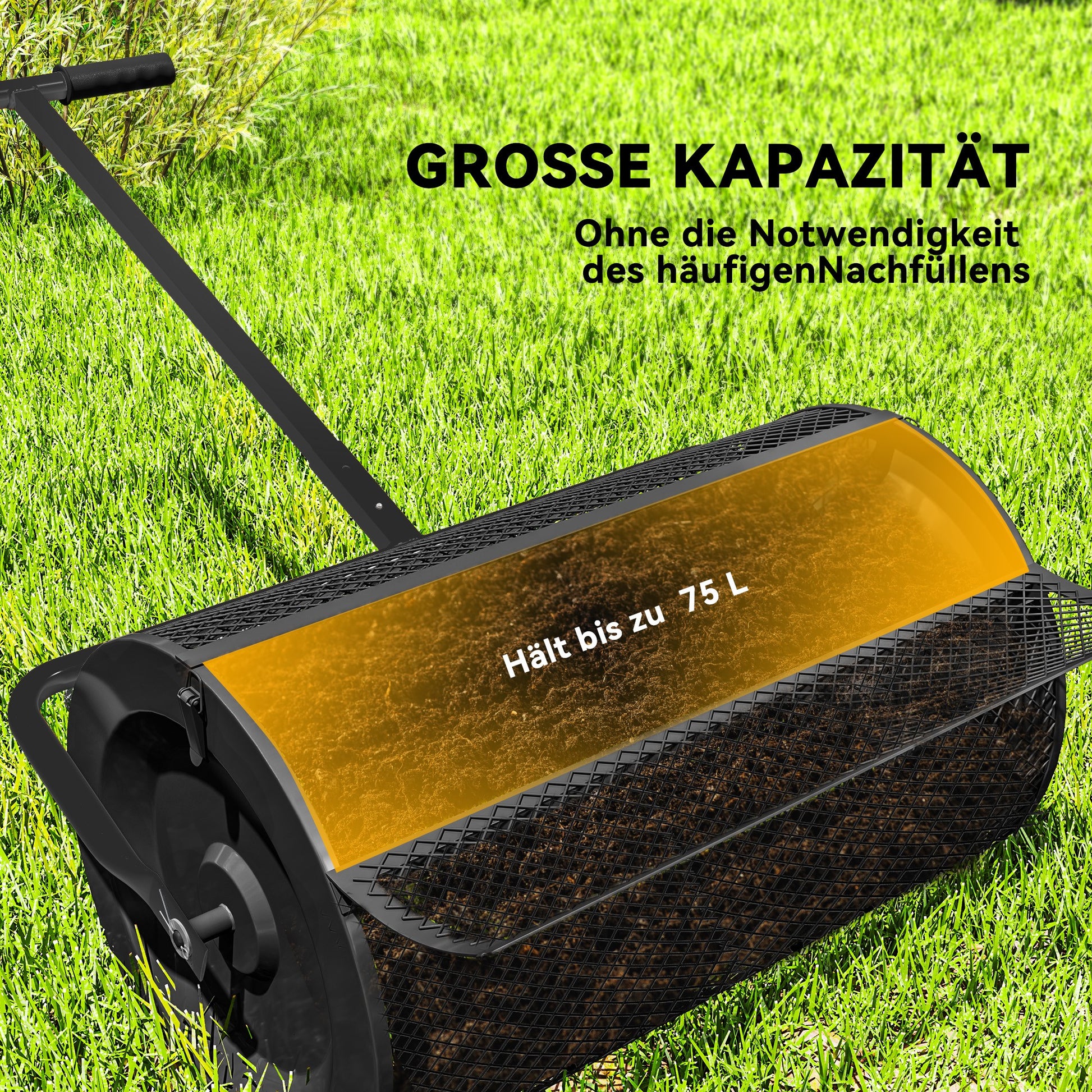 Compost Spreader 75L 61x40cm Fertilizer Spreader Lawn Garden Garden Spreader with T-Handle Mesh Basket Metal Seed Spreader Peat Moss Spreader Lawn Spreader Lawn Care for Compost, Manure Fertilizer Seed Black