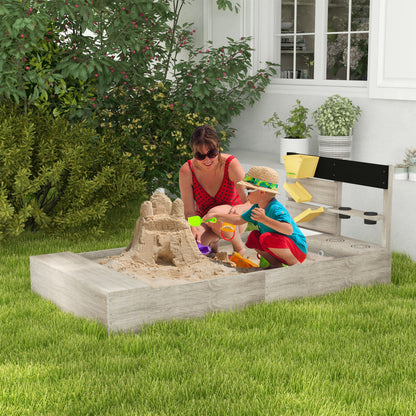 Sandbox with Kitchen Elements, Wooden Sandpit, 154 x 80 x 60 cm Sandbox Bottomless Design for 3-7 Year Olds Children, Garden, Gray