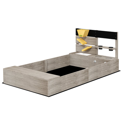 Sandbox with Kitchen Elements, Wooden Sandpit, 154 x 80 x 60 cm Sandbox Bottomless Design for 3-7 Year Olds Children, Garden, Gray