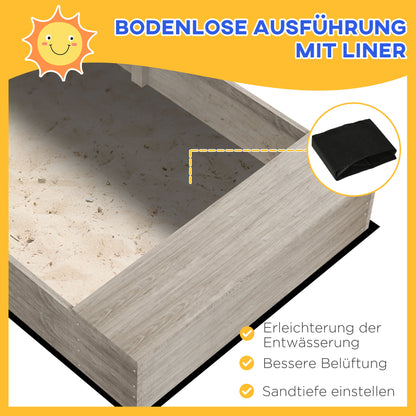 Sandbox with Kitchen Elements, Wooden Sandpit, 154 x 80 x 60 cm Sandbox Bottomless Design for 3-7 Year Olds Children, Garden, Gray