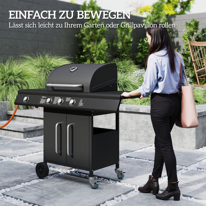 12.2 kW (≈41,600 BTU) 3+1-Burner Gas BBQ Cart, Stainless Steel with Wheels, Side Burner, Thermometer, Warming Rack, Side Shelf — 118.5 x 56 x 110 cm (46.7 x 22.0 x 43.3 in)
