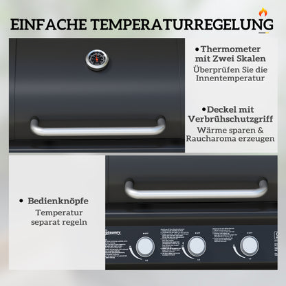 12.2 kW (≈41,600 BTU) 3+1-Burner Gas BBQ Cart, Stainless Steel with Wheels, Side Burner, Thermometer, Warming Rack, Side Shelf — 118.5 x 56 x 110 cm (46.7 x 22.0 x 43.3 in)