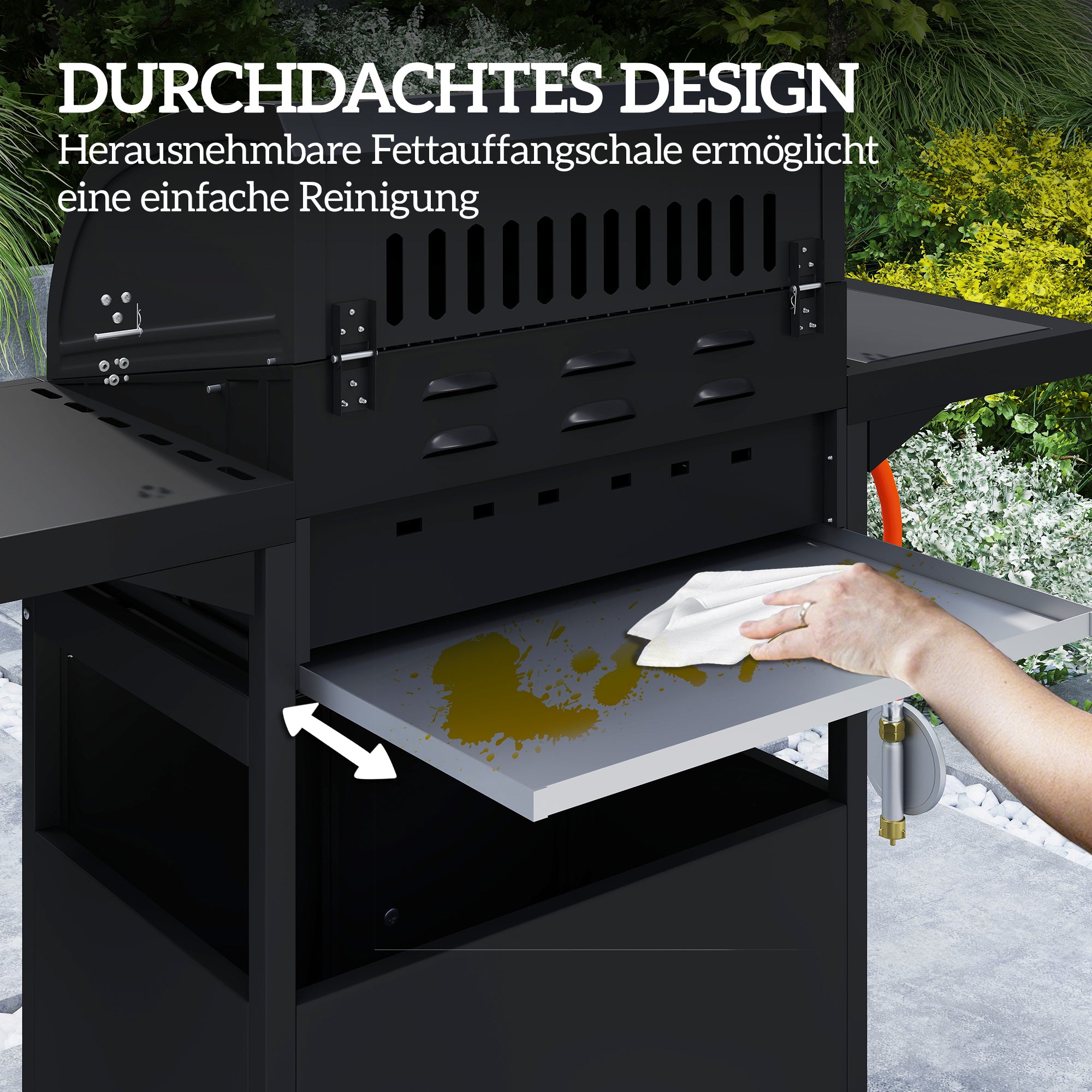 12.2 kW (≈41,600 BTU) 3+1-Burner Gas BBQ Cart, Stainless Steel with Wheels, Side Burner, Thermometer, Warming Rack, Side Shelf — 118.5 x 56 x 110 cm (46.7 x 22.0 x 43.3 in)