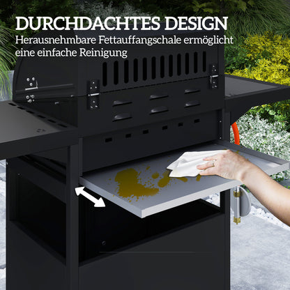 12.2 kW (≈41,600 BTU) 3+1-Burner Gas BBQ Cart, Stainless Steel with Wheels, Side Burner, Thermometer, Warming Rack, Side Shelf — 118.5 x 56 x 110 cm (46.7 x 22.0 x 43.3 in)