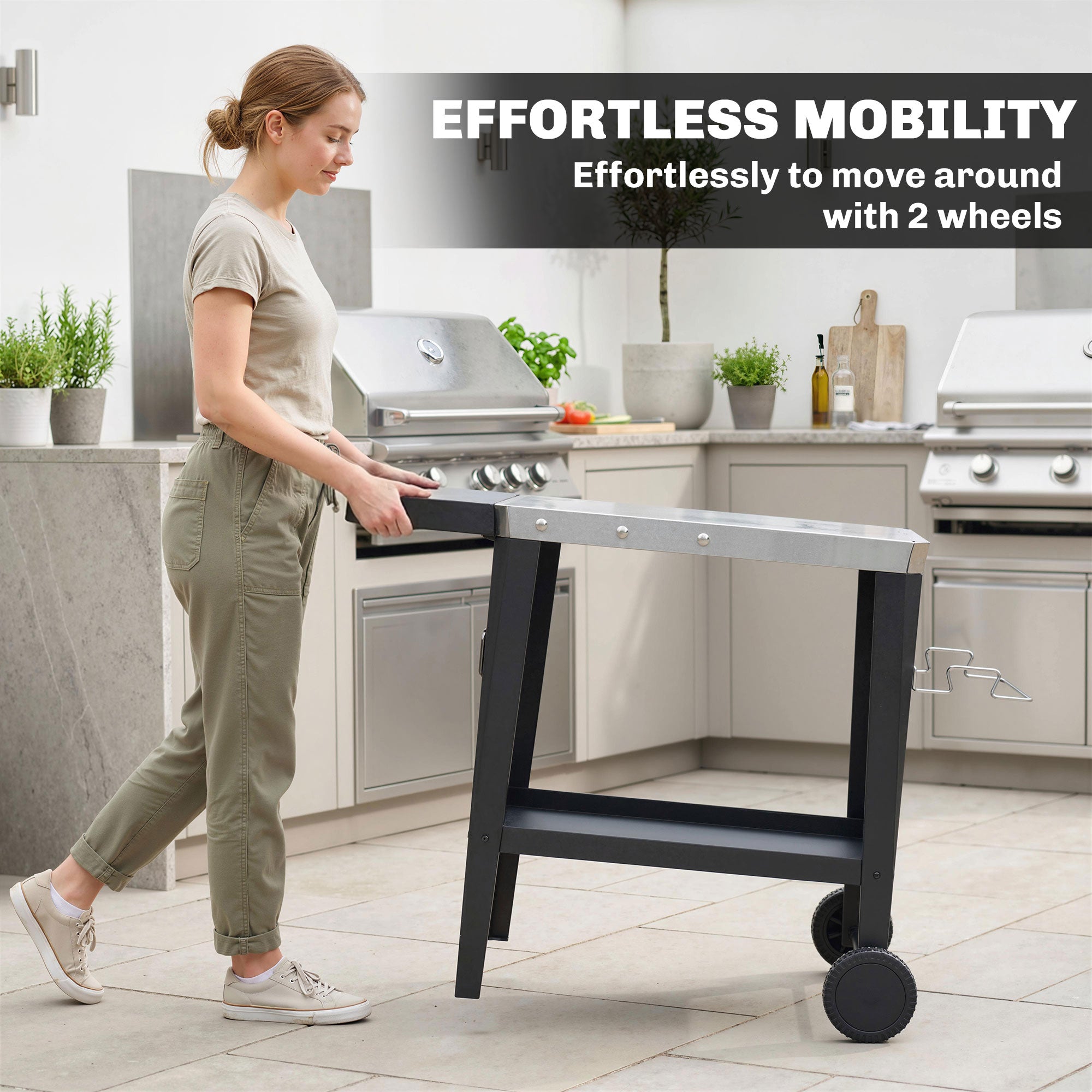 Stainless Steel Kitchen & BBQ Cart with Wheels, Foldable Side Table, Paper Towel & Towel Holder, Hooks — Black (45.3" x 26.6" x 31.7")