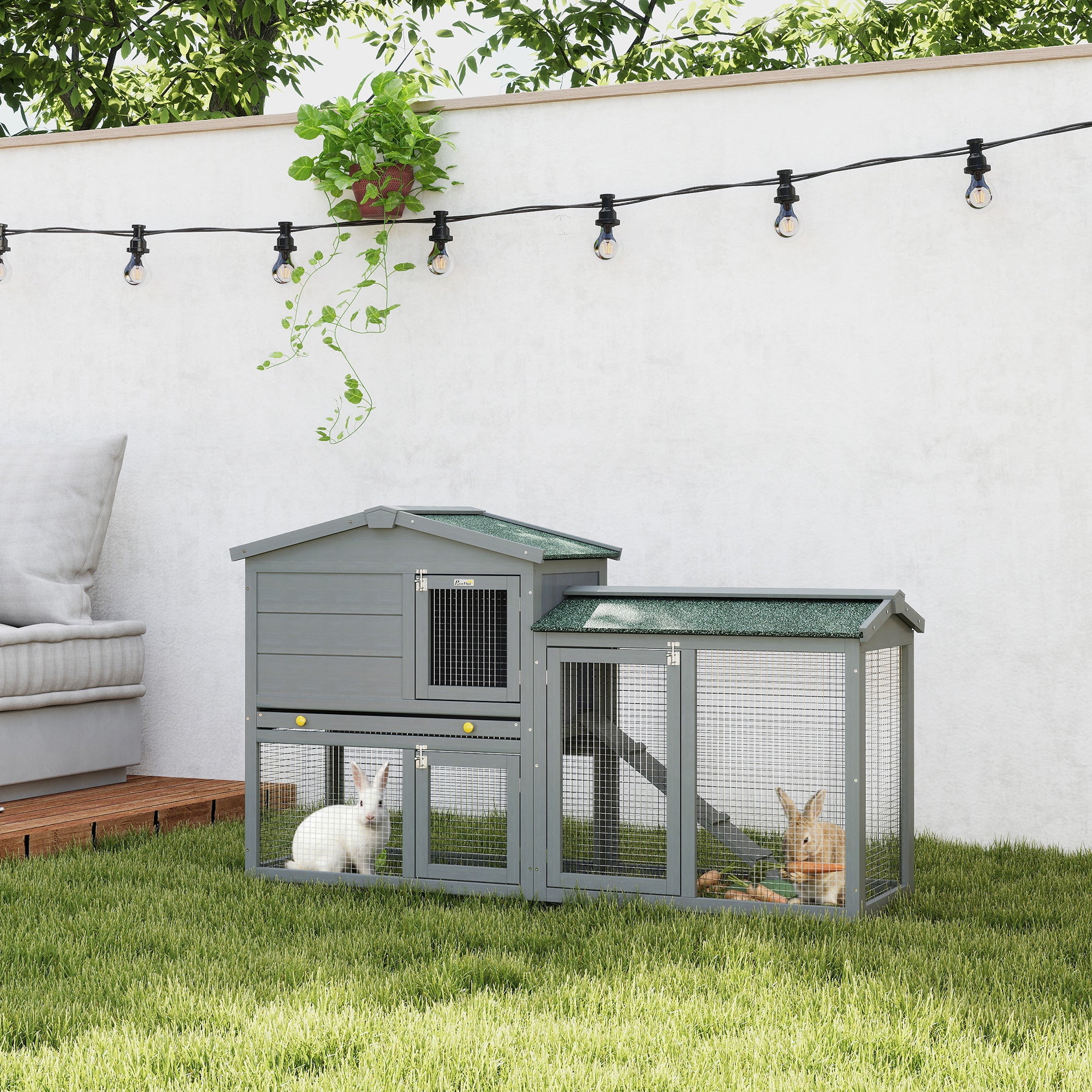 2-Level Wooden Rabbit Hutch, Large Outdoor Cage with Asphalt Roof, Removable Tray & Ramp — For Rabbits, Guinea Pigs & Hamsters, 150 x 45 x 85 cm (59.1 x 17.7 x 33.5 in), Gray