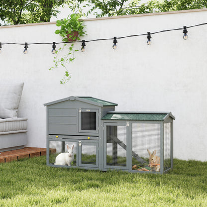 2-Level Wooden Rabbit Hutch, Large Outdoor Cage with Asphalt Roof, Removable Tray & Ramp — For Rabbits, Guinea Pigs & Hamsters, 150 x 45 x 85 cm (59.1 x 17.7 x 33.5 in), Gray