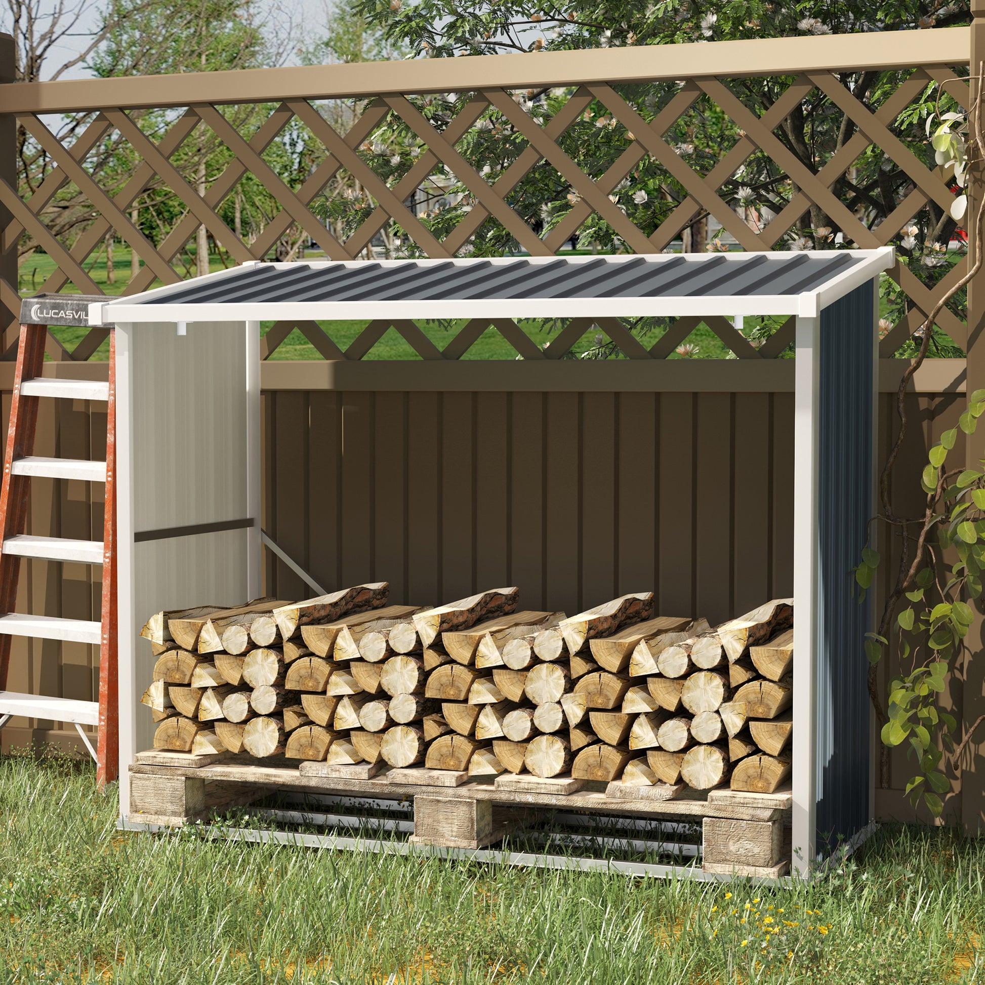 Galvanized Steel Firewood Shed Log Storage Shelter with Sloped Roof for Garden Terrace Outdoor 185x84x133.5/148.5 cm Gray