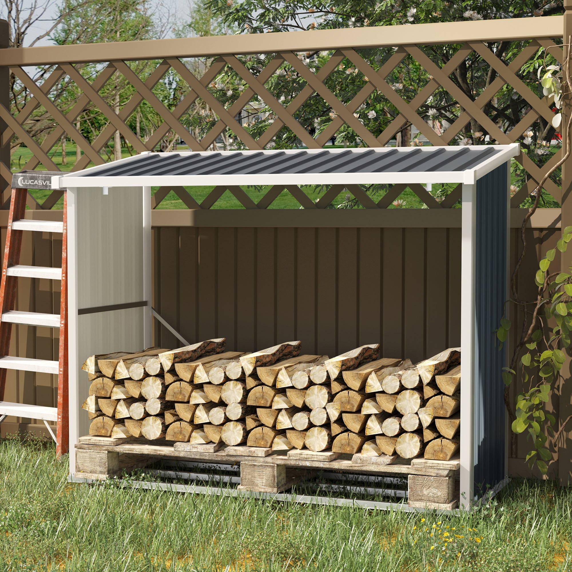 Galvanized Steel Firewood Shed Log Storage Shelter with Sloped Roof for Garden Terrace Outdoor 185x84x133.5/148.5 cm Gray
